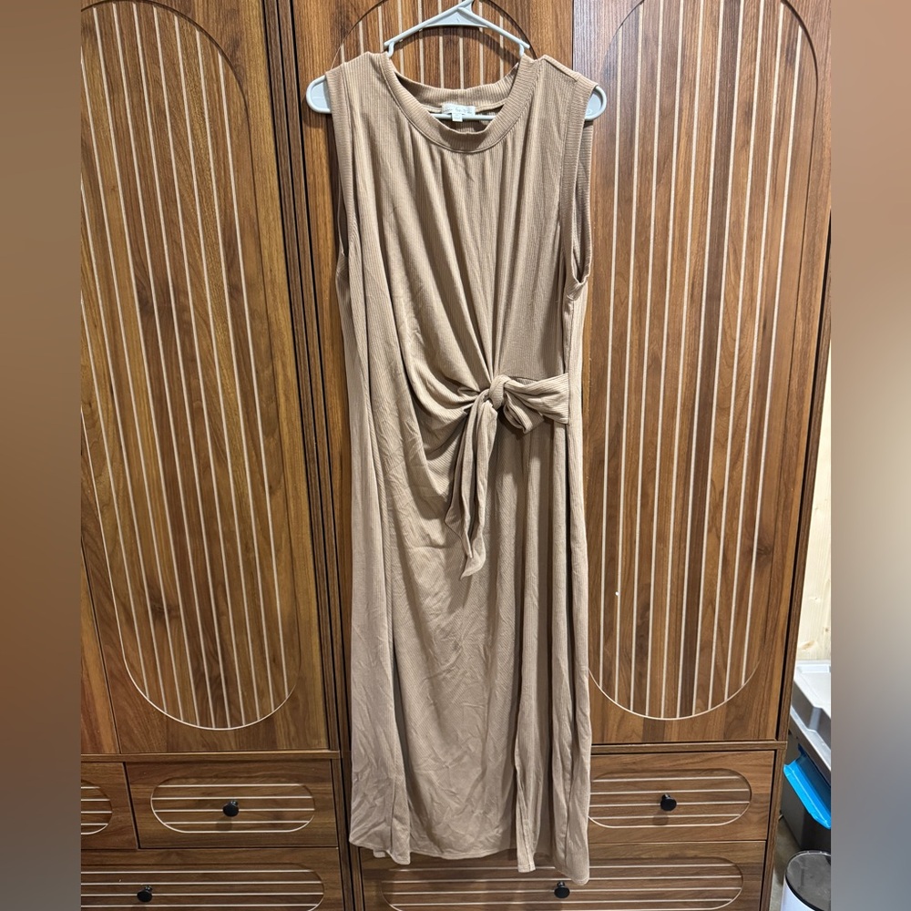 Nine Britton Tan Ribbed Maxi Dress with Tie Waist